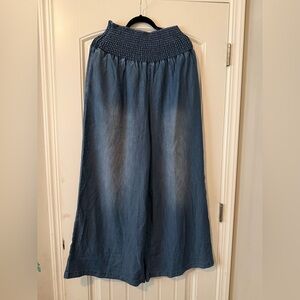 Velvet Smocked Elastic Waist Wide-Leg Pants - Blue